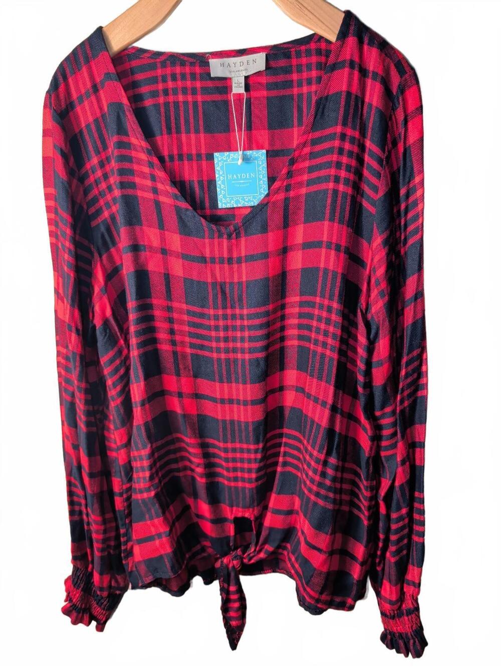 Hayden Los Angeles Plaid Long Sleeve Blouse Tie Front Top Large Red Fall New